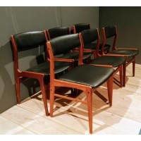 Komplet 6 krzeseł. Skandynawski modernizm. Sygnowane. Tek.  Ekoskóra